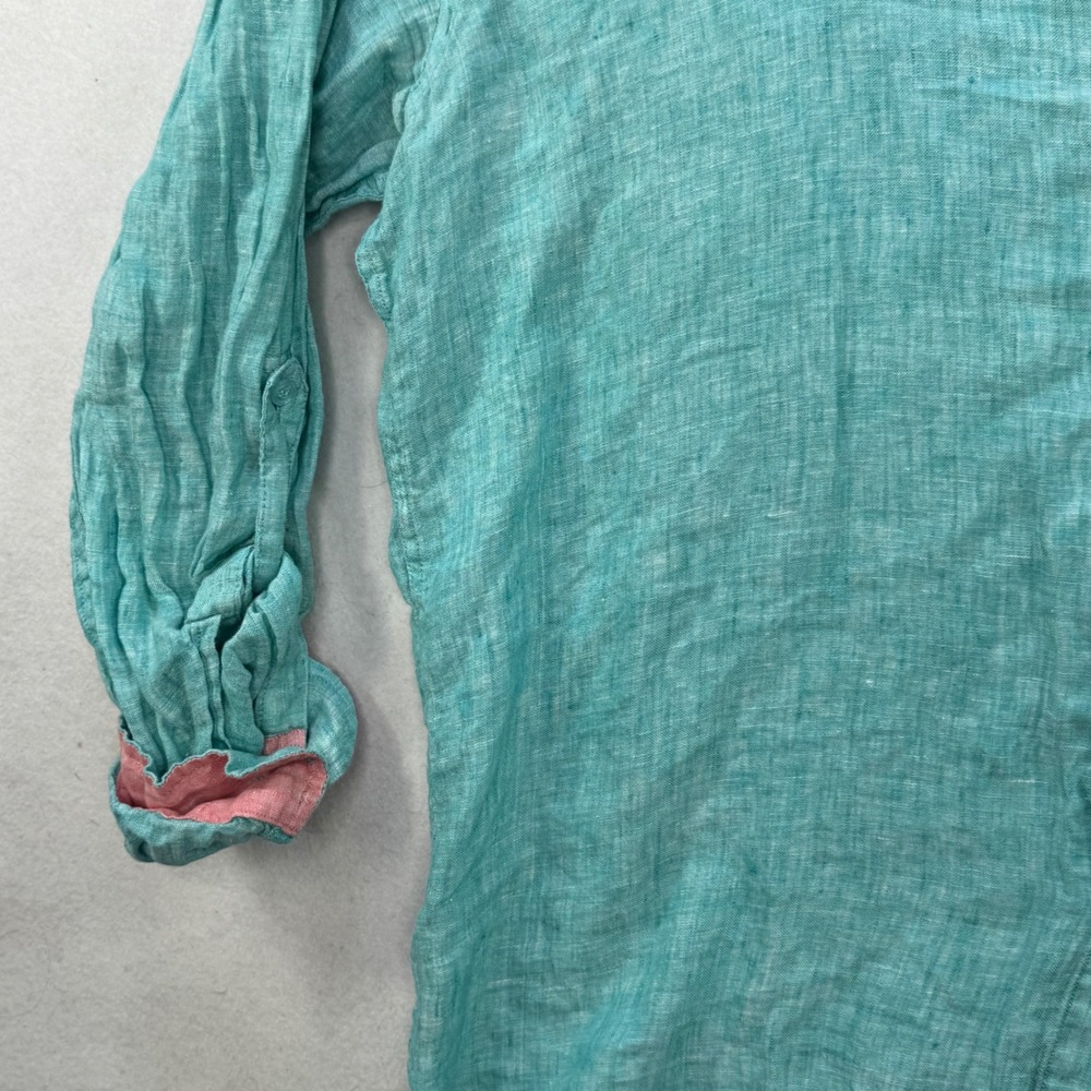 Regent Street Button Up Shirt Mens 2X Teal 100% Linen Band Collar Coastal beach - Picture 8 of 11